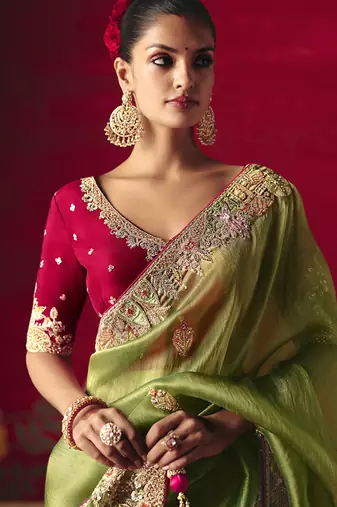 olive green silk blend saree with floral embroidery