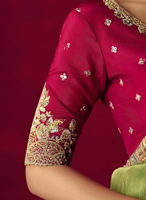olive green silk blend saree with floral embroidery 4