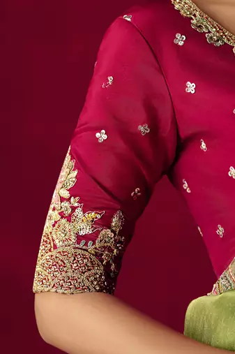 olive green silk blend saree with floral embroidery