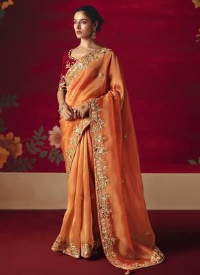 orange fancy saree with sequins dhaga & thread embroidered butti and designer blouse 1
