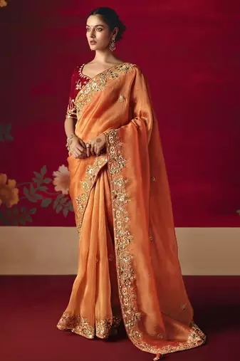 orange fancy saree with sequins dhaga & thread embroidered butti and designer blouse