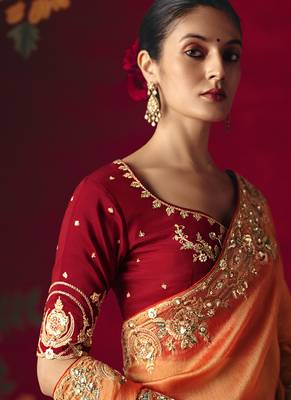 orange fancy saree with sequins dhaga & thread embroidered butti and designer blouse 2