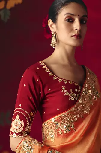 orange fancy saree with sequins dhaga & thread embroidered butti and designer blouse