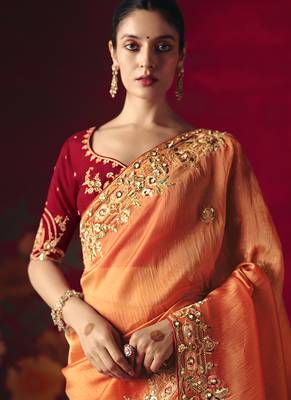 orange fancy saree with sequins dhaga & thread embroidered butti and designer blouse 3