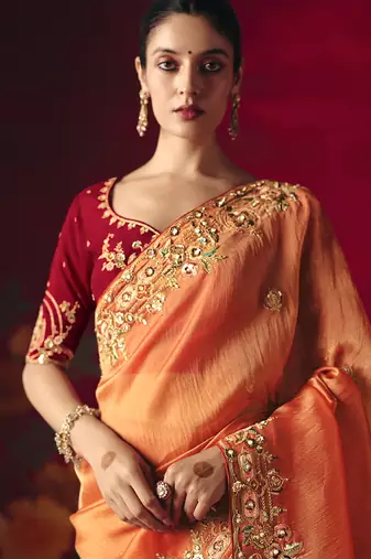 orange fancy saree with sequins dhaga & thread embroidered butti and designer blouse