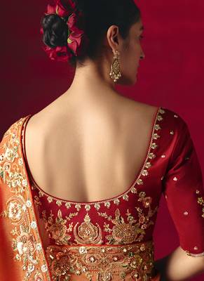 orange fancy saree with sequins dhaga & thread embroidered butti and designer blouse 4