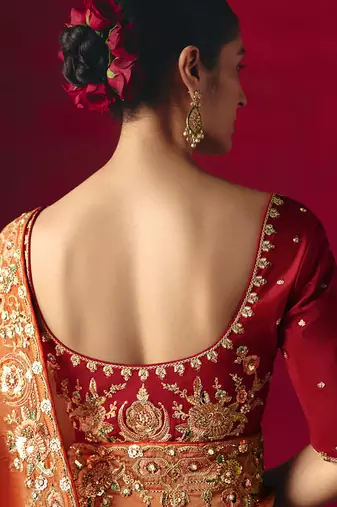 orange fancy saree with sequins dhaga & thread embroidered butti and designer blouse