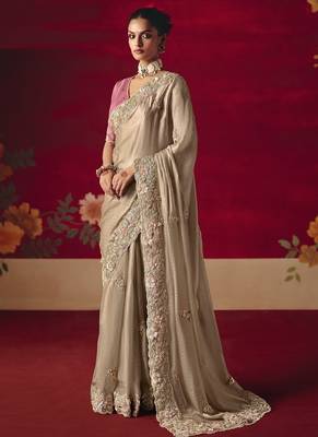 beige fancy saree with sequins dhaga & thread embroidered butti and designer blouse 1