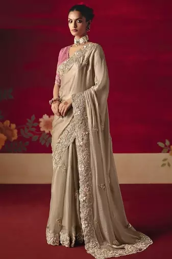 beige fancy saree with sequins dhaga & thread embroidered butti and designer blouse