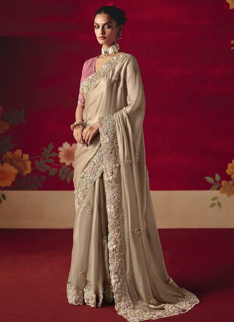 beige fancy saree with sequins dhaga & thread embroidered butti and designer blouse
