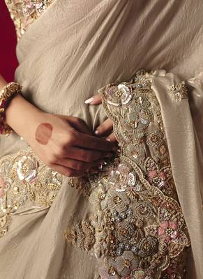 beige fancy saree with sequins dhaga & thread embroidered butti and designer blouse 2