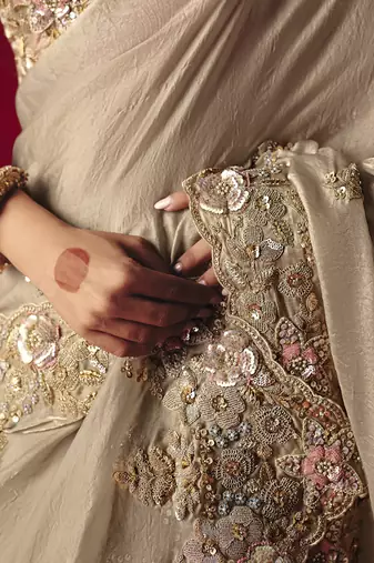 beige fancy saree with sequins dhaga & thread embroidered butti and designer blouse