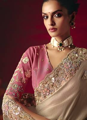 beige fancy saree with sequins dhaga & thread embroidered butti and designer blouse 3