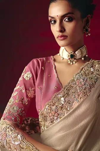 beige fancy saree with sequins dhaga & thread embroidered butti and designer blouse