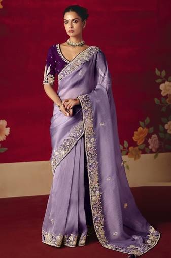 lavender fancy saree with sequins dhaga & thread embroidered butti and designer blouse