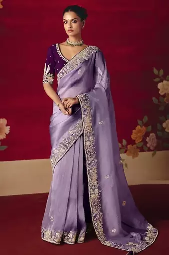 lavender fancy saree with sequins dhaga & thread embroidered butti and designer blouse