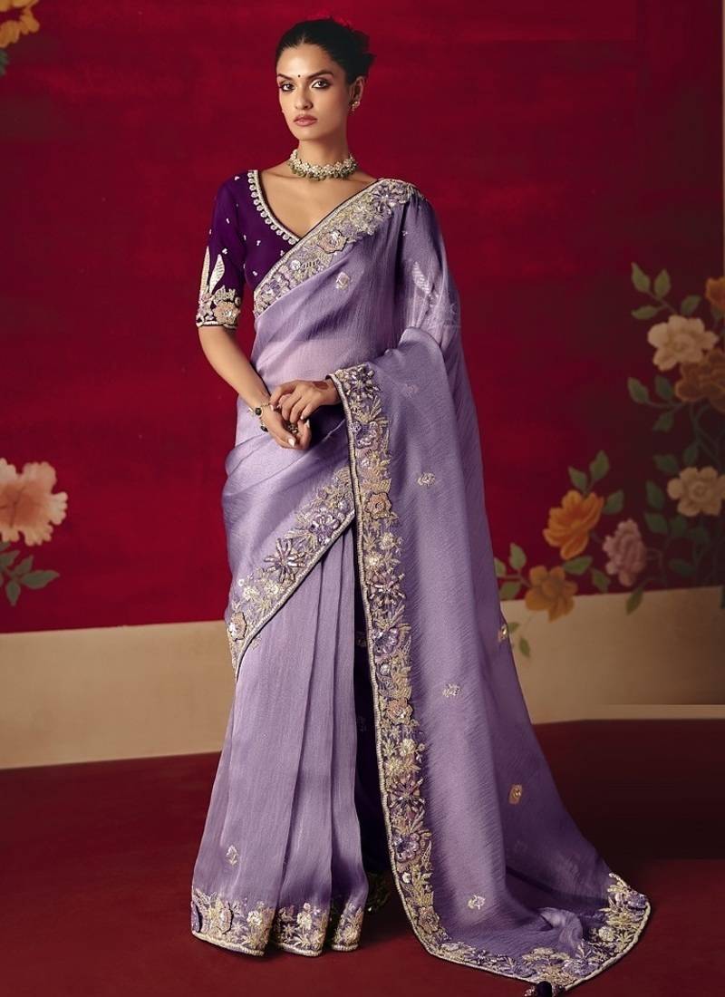 lavender fancy saree with sequins dhaga & thread embroidered butti and designer blouse