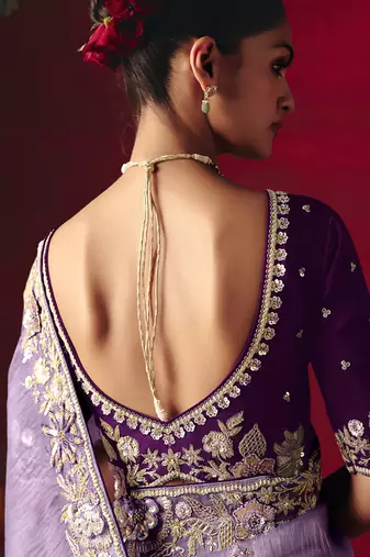 lavender fancy saree with sequins dhaga & thread embroidered butti and designer blouse