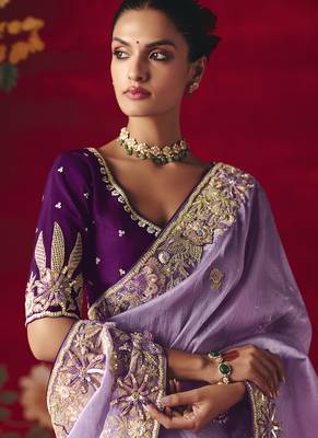 lavender fancy saree with sequins dhaga & thread embroidered butti and designer blouse 3
