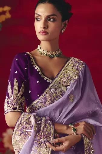 lavender fancy saree with sequins dhaga & thread embroidered butti and designer blouse