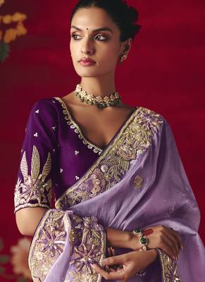 lavender fancy saree with sequins dhaga & thread embroidered butti and designer blouse 4