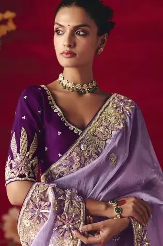 lavender fancy saree with sequins dhaga & thread embroidered butti and designer blouse