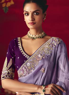 lavender fancy saree with sequins dhaga & thread embroidered butti and designer blouse 5