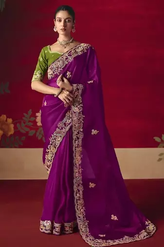 magenta fancy saree with sequins dhaga & thread embroidered butti and designer blouse
