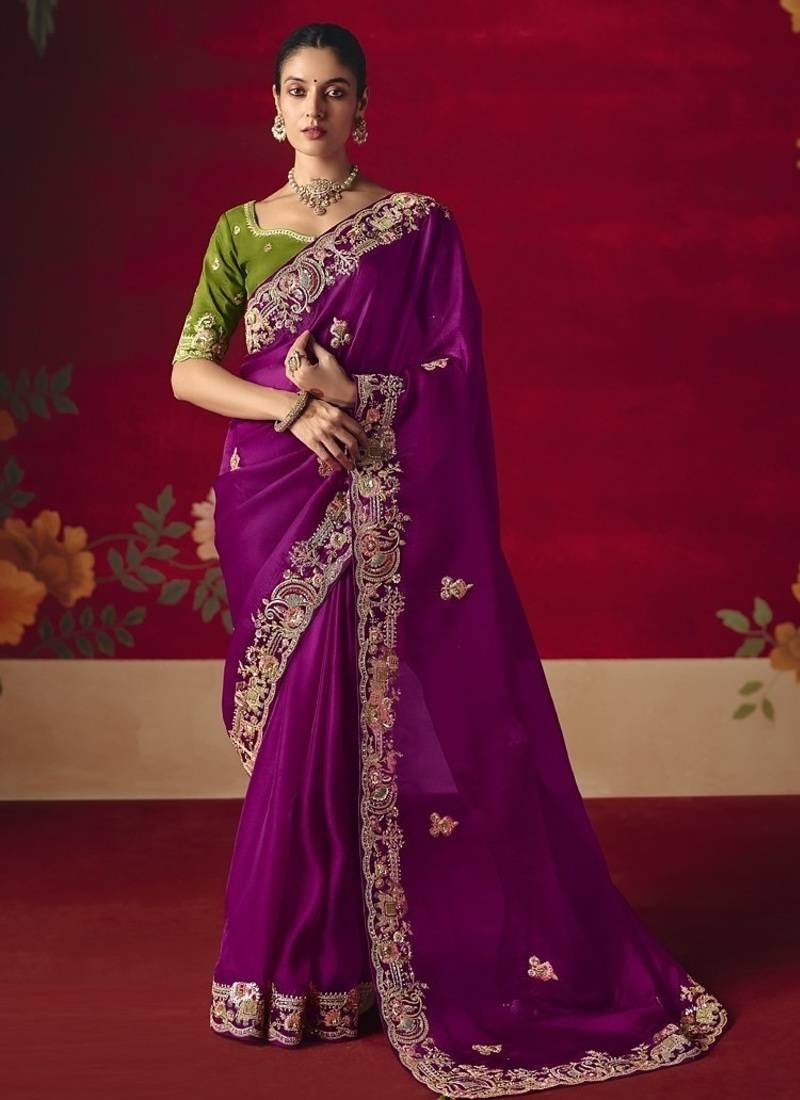 magenta fancy saree with sequins dhaga & thread embroidered butti and designer blouse
