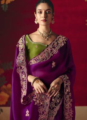 magenta fancy saree with sequins dhaga & thread embroidered butti and designer blouse 2