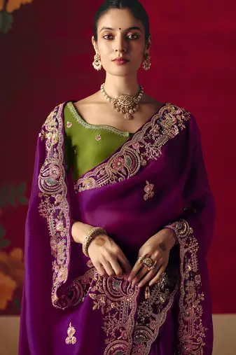 magenta fancy saree with sequins dhaga & thread embroidered butti and designer blouse