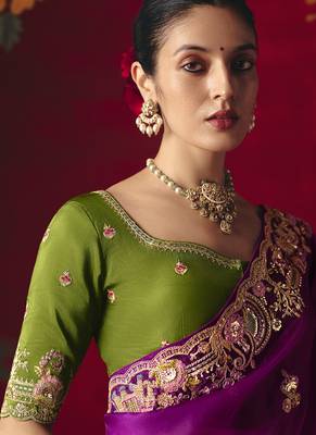 magenta fancy saree with sequins dhaga & thread embroidered butti and designer blouse 3