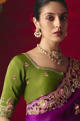 magenta fancy saree with sequins dhaga & thread embroidered butti and designer blouse
