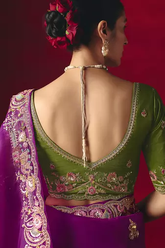 magenta fancy saree with sequins dhaga & thread embroidered butti and designer blouse