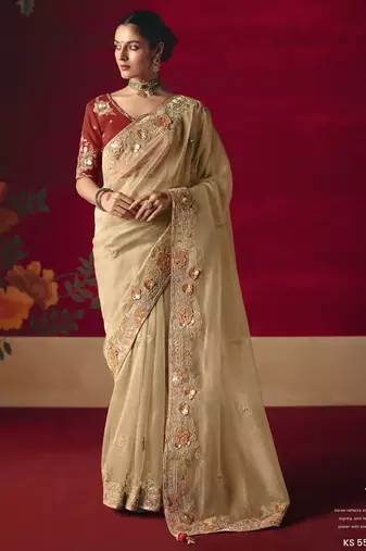 beige fancy saree with sequins dhaga & thread embroidered butti and designer blouse