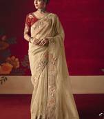 beige fancy saree with sequins dhaga & thread embroidered butti and designer blouse