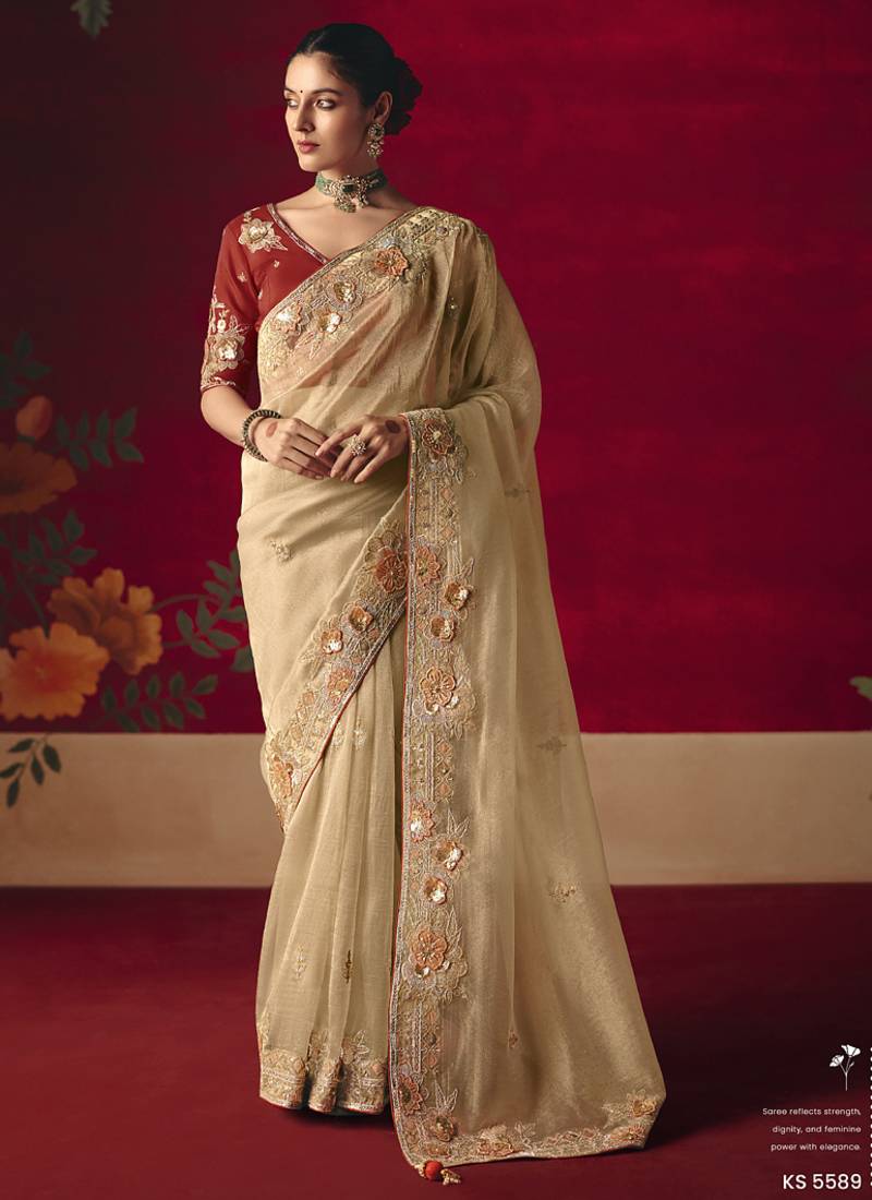 beige fancy saree with sequins dhaga & thread embroidered butti and designer blouse