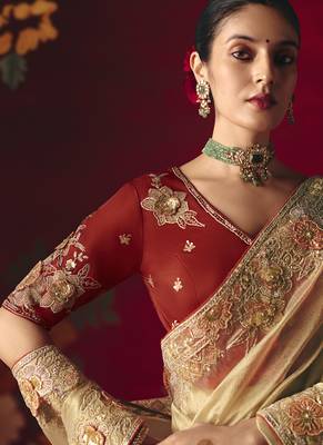 beige fancy saree with sequins dhaga & thread embroidered butti and designer blouse 2
