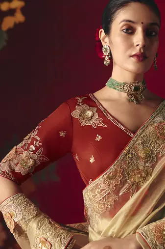 beige fancy saree with sequins dhaga & thread embroidered butti and designer blouse