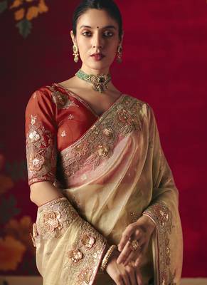 beige fancy saree with sequins dhaga & thread embroidered butti and designer blouse 3