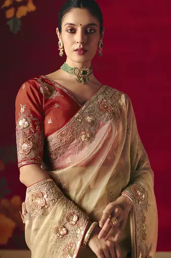 beige fancy saree with sequins dhaga & thread embroidered butti and designer blouse