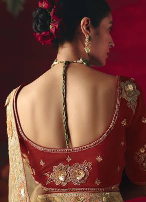 beige fancy saree with sequins dhaga & thread embroidered butti and designer blouse 4