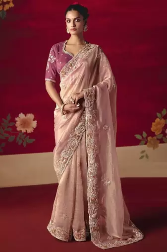 baby pink fancy saree with sequins dhaga & thread embroidered butti and designer blouse
