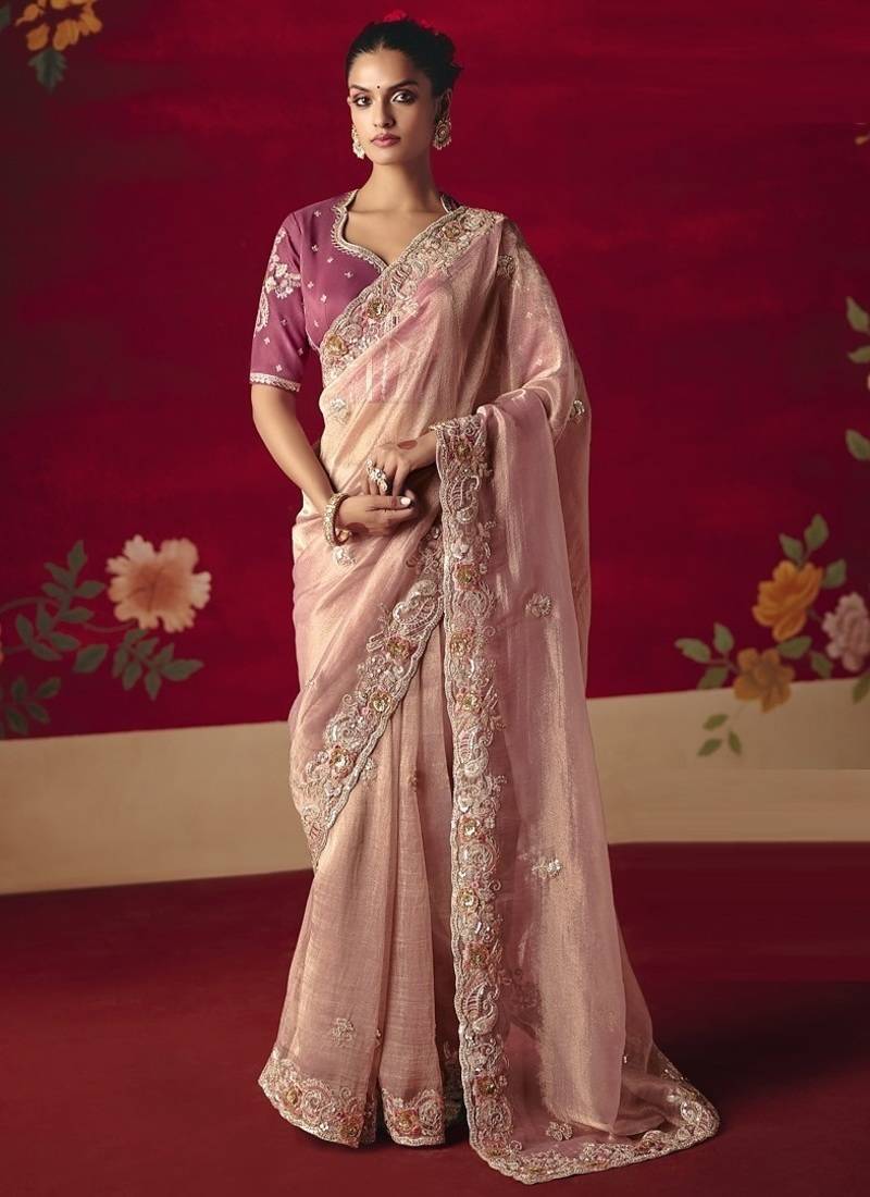 baby pink fancy saree with sequins dhaga & thread embroidered butti and designer blouse