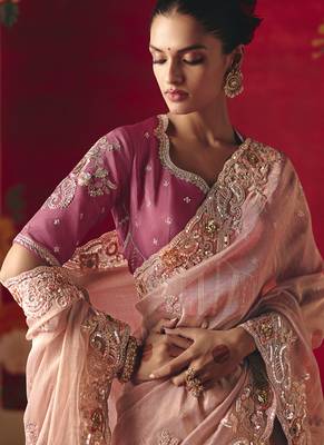 baby pink fancy saree with sequins dhaga & thread embroidered butti and designer blouse 3