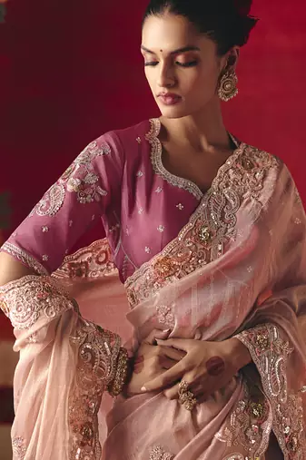 baby pink fancy saree with sequins dhaga & thread embroidered butti and designer blouse