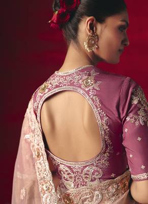 baby pink fancy saree with sequins dhaga & thread embroidered butti and designer blouse 4