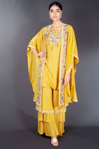 Yellow embroidered silk sharara set