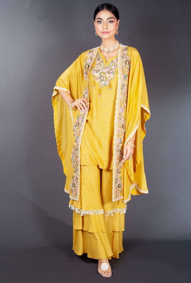 Yellow embroidered silk sharara set