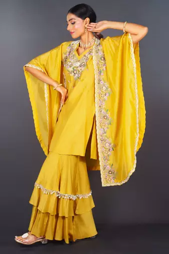 Yellow embroidered silk sharara set
